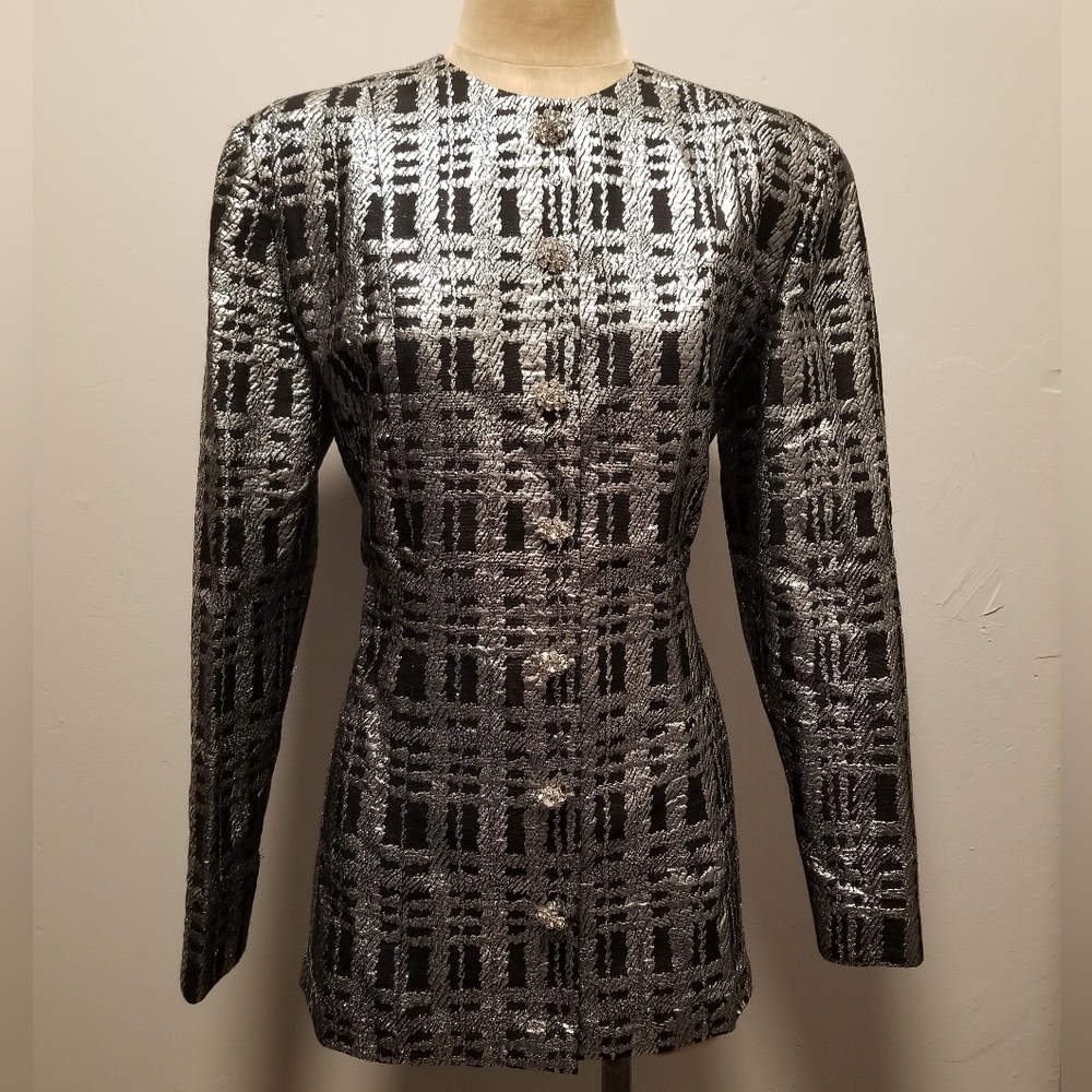 NEIMAN MARCUS METALLIC SILVER BLACK VINTAGE SUIT JACKET BLAZER SHOULDER PADS 80S